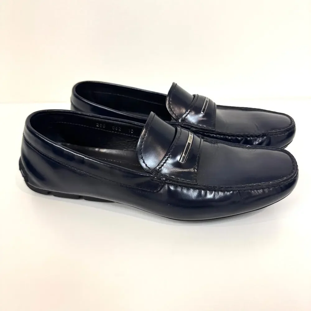 PRADA Patent Leather Navy Blue Silver Metal Logo Plaque Driving Loafer 10 Shoes
